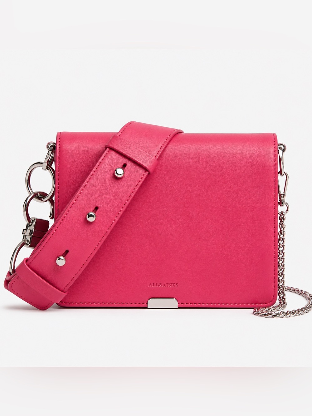 AllSaints Captain Leather Flap Shoulder Bag Fuchsia EUC